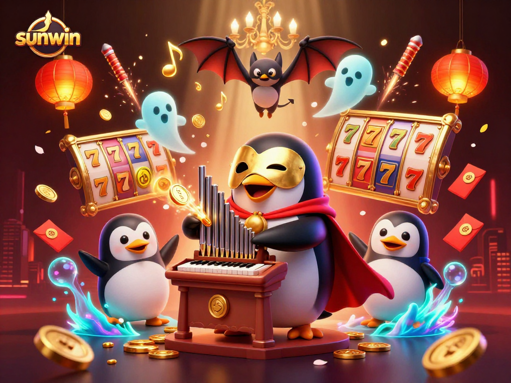 Experience sunwin's vibrant slot games with a whimsical 3D casino illustration featuring dynamic characters.