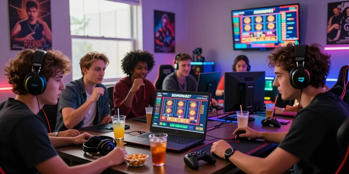 Situs Resmi Dominobet vibrant gaming session with friends enjoying online games, snacks, and a lively atmosphere.