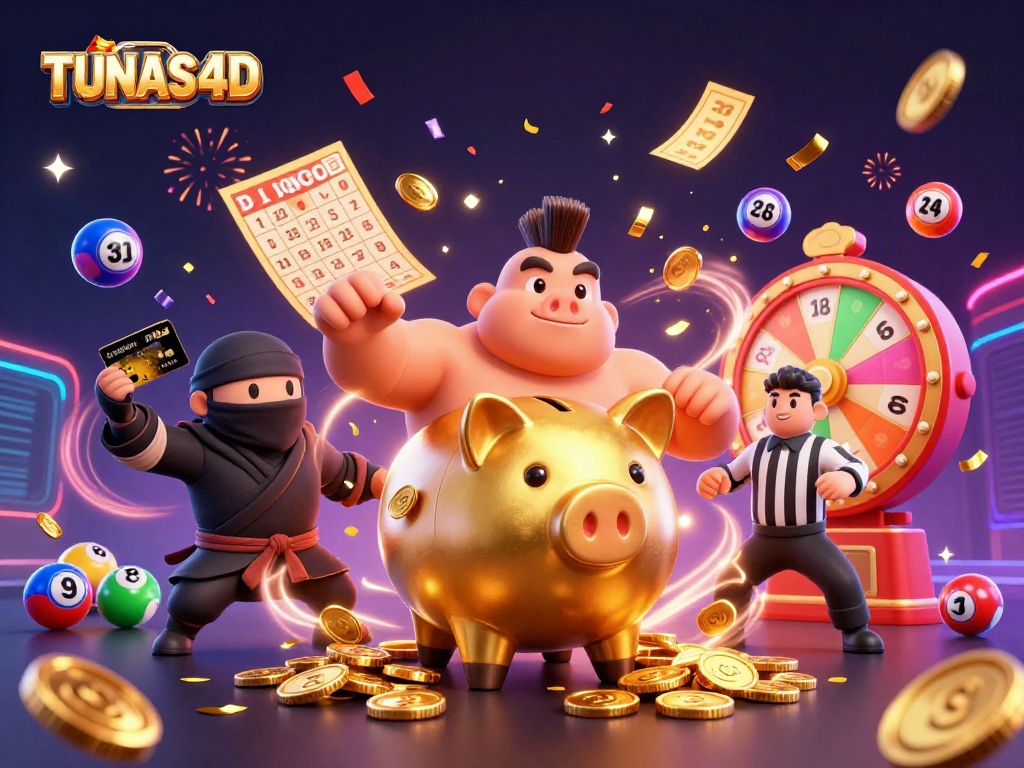 TUNAS4D enhances lottery excitement with vibrant scenes of dynamic characters, coins, and colorful balls.