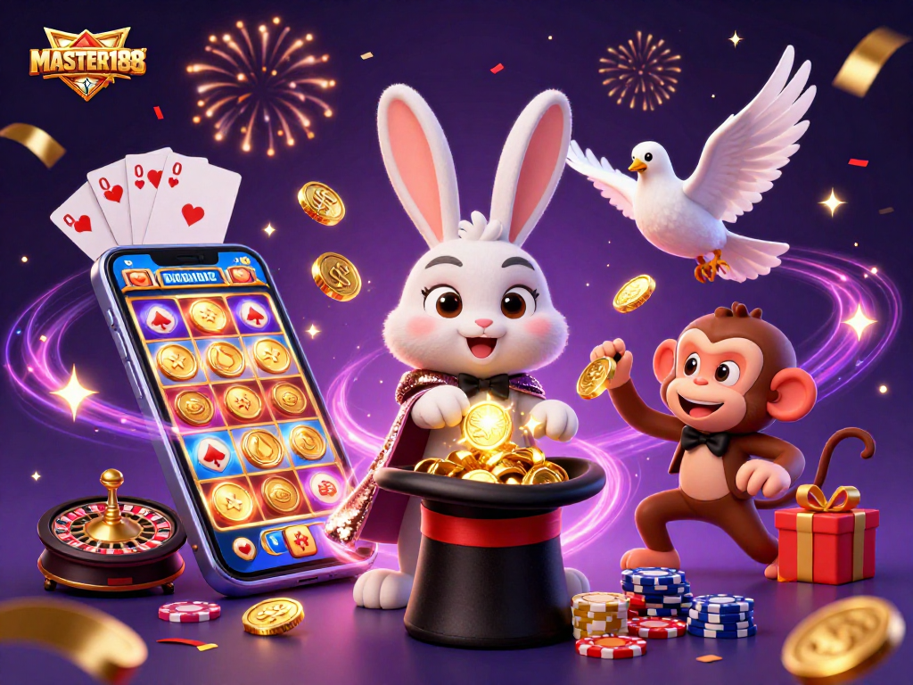 MASTER188 features a magician rabbit and friends celebrating big winnings with iconic gambling elements.