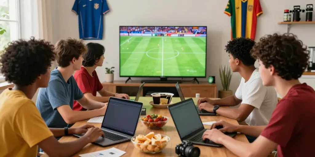Teman-teman asyik bermain taruhan sepak bola di kantorbola online dengan suasana hangat.