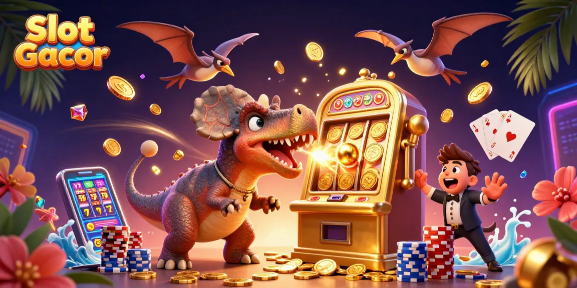 Slot Gacor illustration depicting a prehistoric pachycephalosaurus winning jackpot coins from a slot machine amidst flying coins and vibrant casino elements.