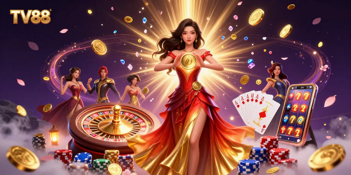 Experience the excitement of TV88 with a stunning casino-themed illustration showcasing games and golden coins.