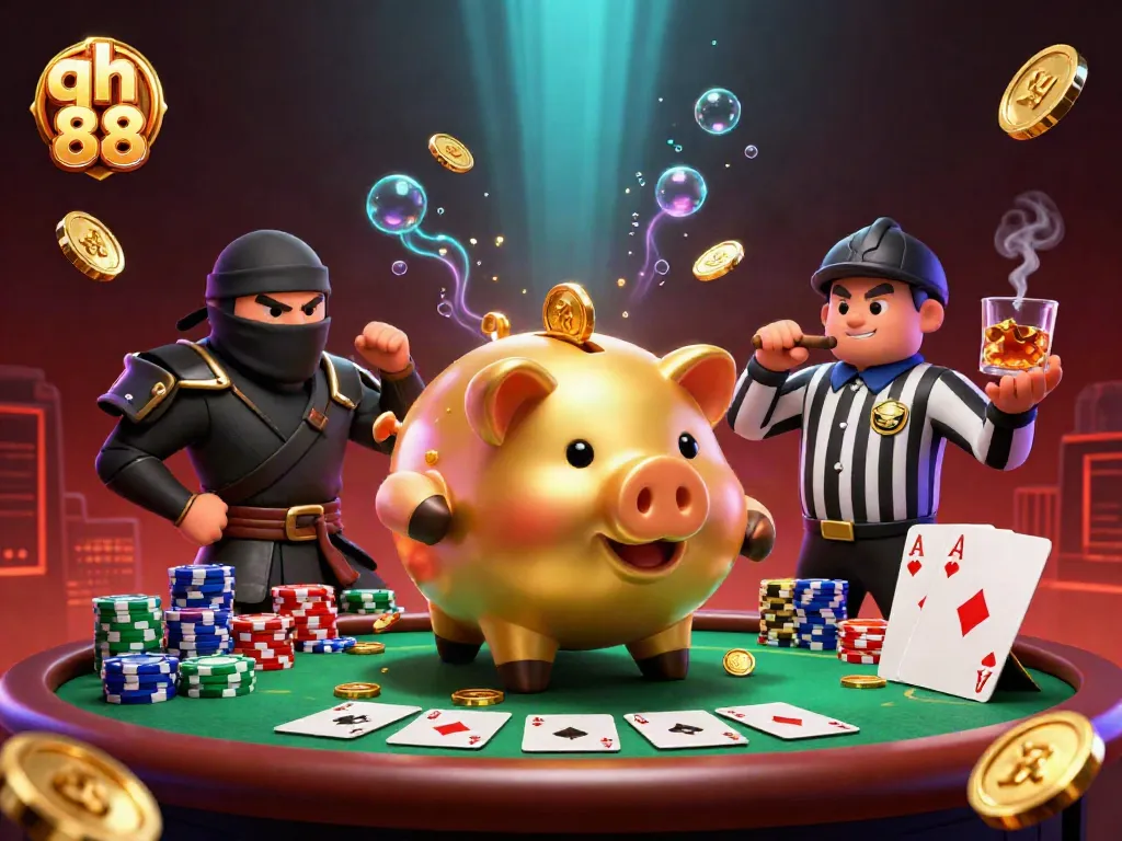 Engaging illustration of qh 88 featuring a golden piggy bank sumo wrestler, poker elements, and dynamic action.