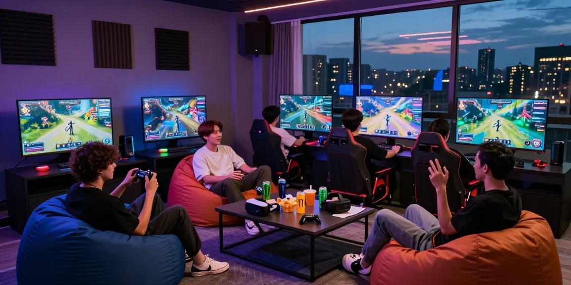 Friends enjoying a gaming night with situs togel strategy discussions and vibrant graphics.