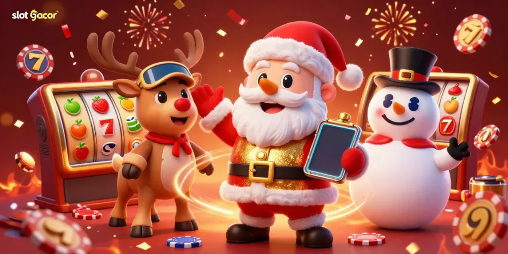 Experience the excitement of slot gacor with Santa and friends celebrating a jackpot in this vibrant casino scene.