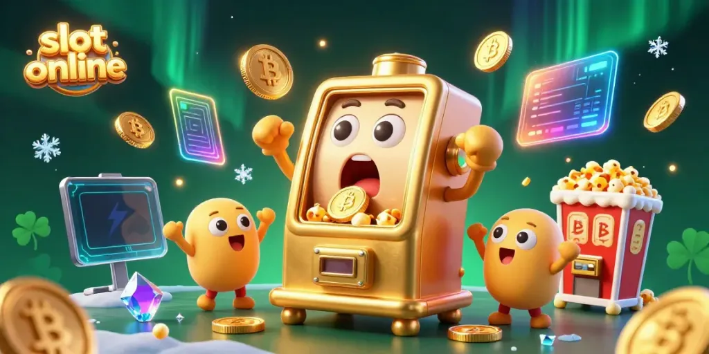 Slot online menyenangkan dengan mesin slot emas yang terkejut saat menang jackpot dan koin berjatuhan.