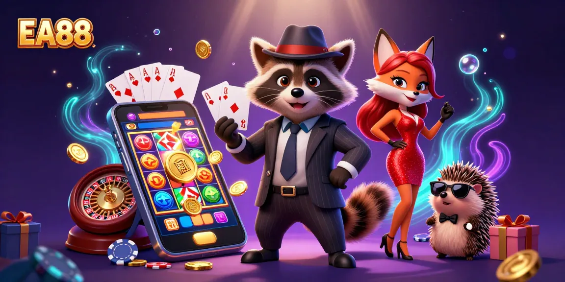 Play slots and win big with EA88, featuring a raccoon holding a royal flush and casino games!