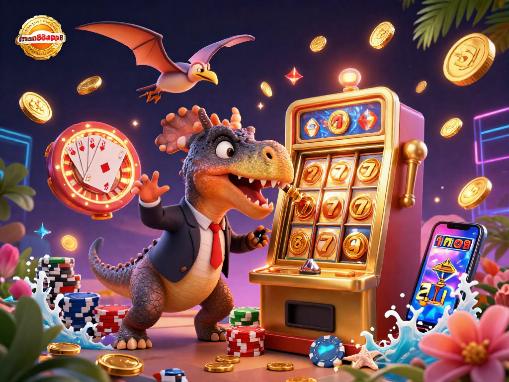 man88app8 evokes excitement with a pachycephalosaurus hitting a jackpot, showcasing a vibrant casino scene.
