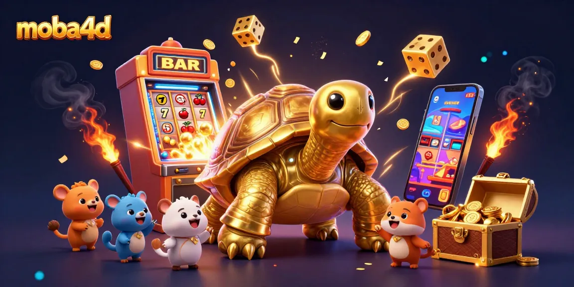 Engage with the exciting moba4d gaming experience featuring a golden tortoise and vibrant slot machines.