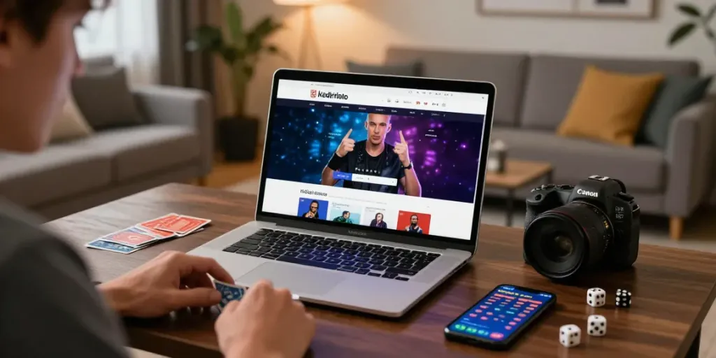Pengguna Kediritoto bermain di laptop dengan suasana nyaman, dikelilingi peralatan judi.