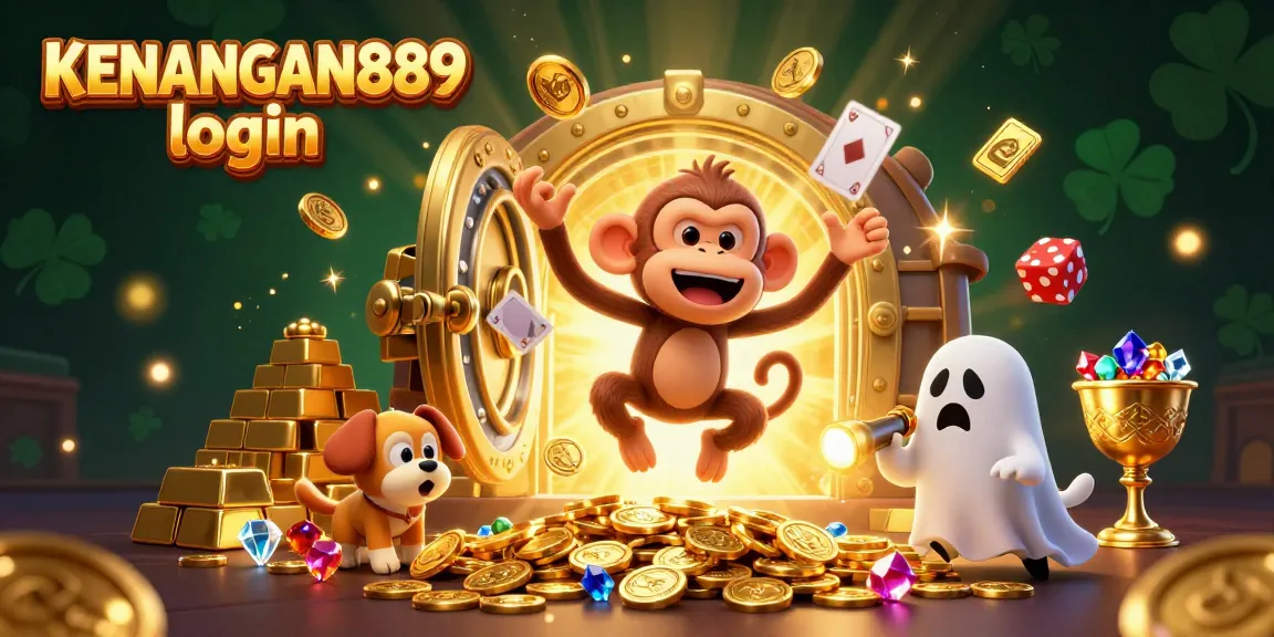 Engage with KENANGAN889 login in a vibrant casino scene featuring a playful poltergeist monkey and curious puppy.