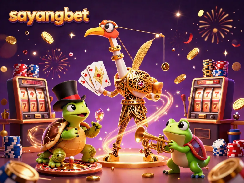 Spin the reels at Sayangbet with fun characters enjoying casino games, golden coins flying everywhere.