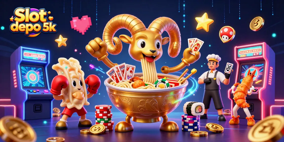 Engage with the vibrant Slot depo 5k scene featuring a golden ramen bowl dealer and colorful casino elements.
