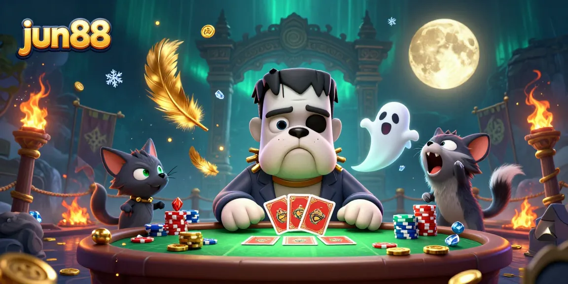 jun88 showcases a thrilling casino scene with a Frankenstein bulldog monster dealing cards energetically among gold coins.