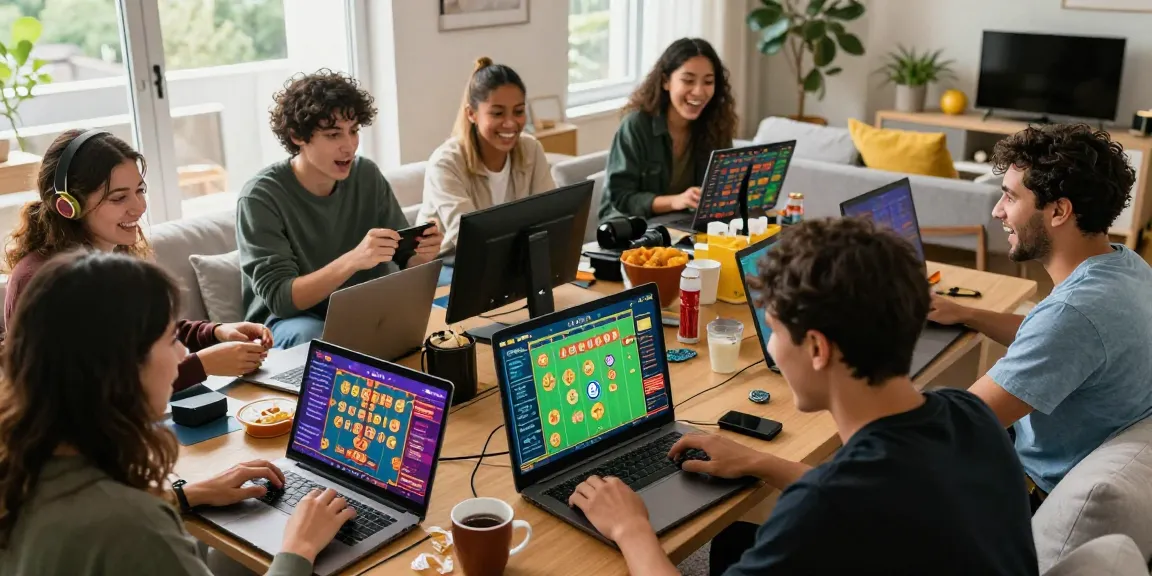 Exciting group of players engaging in levistoto lottery game at home, showcasing vibrant digital displays and lively atmosphere.