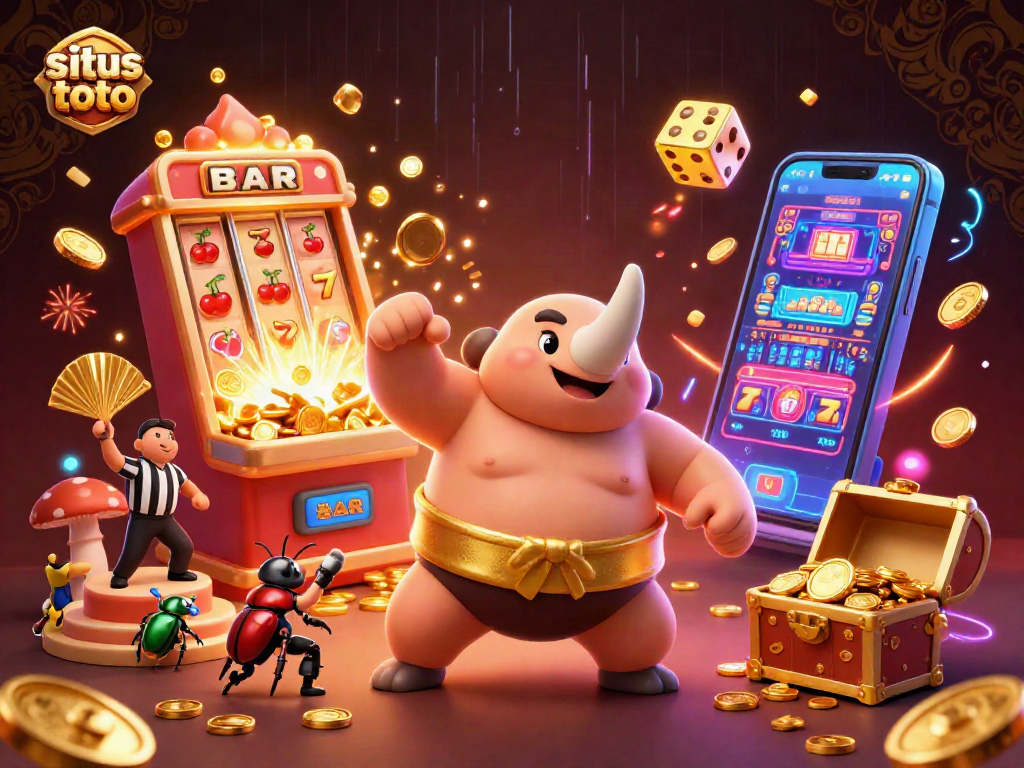 Situs toto menampilkan kejuaraan sumo kumbang badak 3D yang beraksi di kasino, dikelilingi simbol permainan.