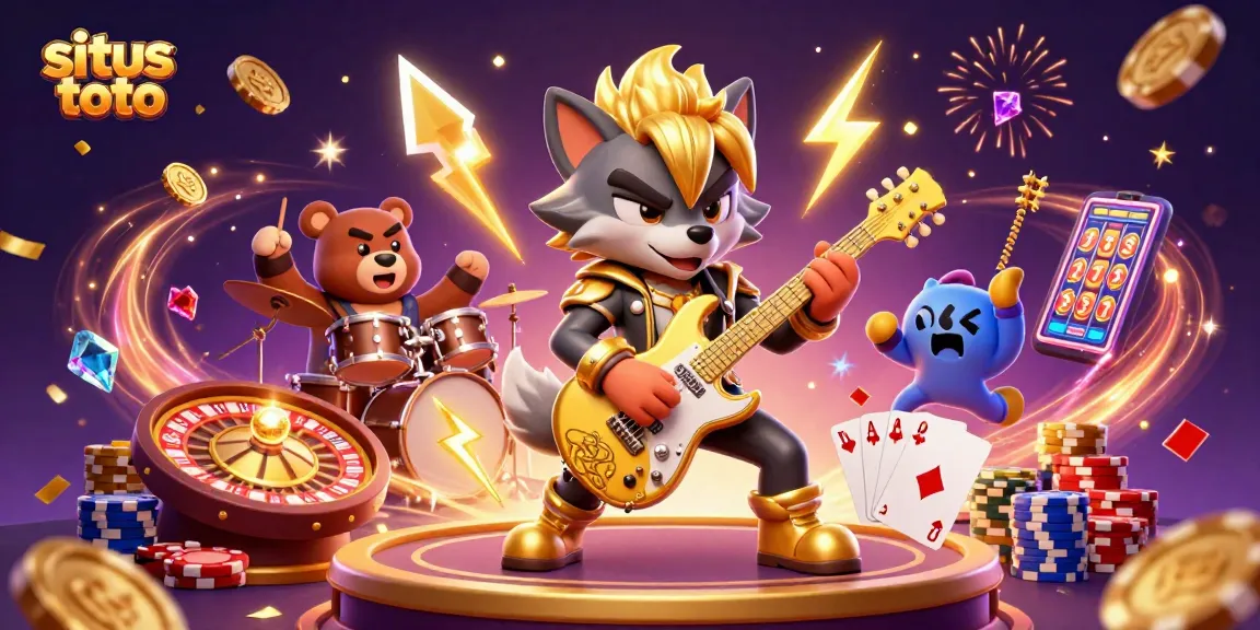 Gambar menarik situs toto dengan karakter serigala rockstar bermain gitar di atas panggung kasino.