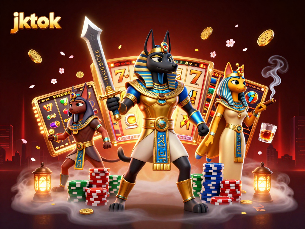 Menangkan hadiah besar di jktok dengan simbol slot yang berkilauan dan karakter Anubis beraksi.
