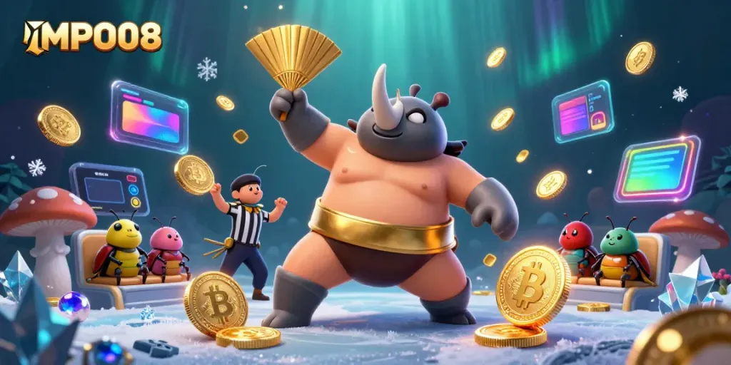 MPO08 engages in an exhilarating match with golden coins flying amidst vibrant casino-themed elements.
