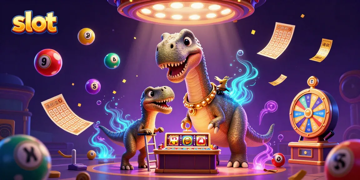 Menyajikan slot dengan simbol berputar di kasino oleh brontosaurus 3D raksasa.