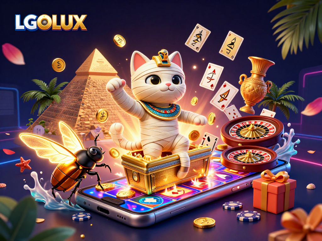 Engage with LGOLUX's vibrant online slots featuring a mummy cat, scarab beetle, and golden coins.