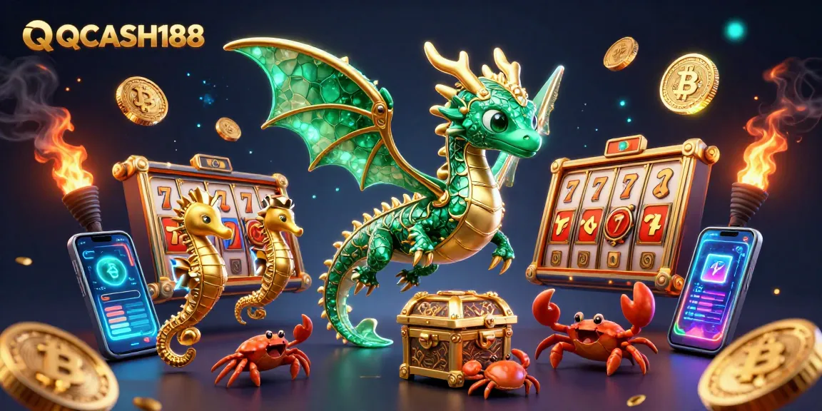 Engage with immersive gameplay on QQCASH188, showcasing vibrant slot reels and a treasure-filled scene.
