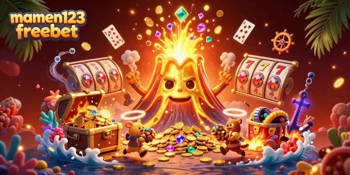 Experience thrilling gameplay with mamen123 freebet, featuring a golden volcano erupting coins and gems.