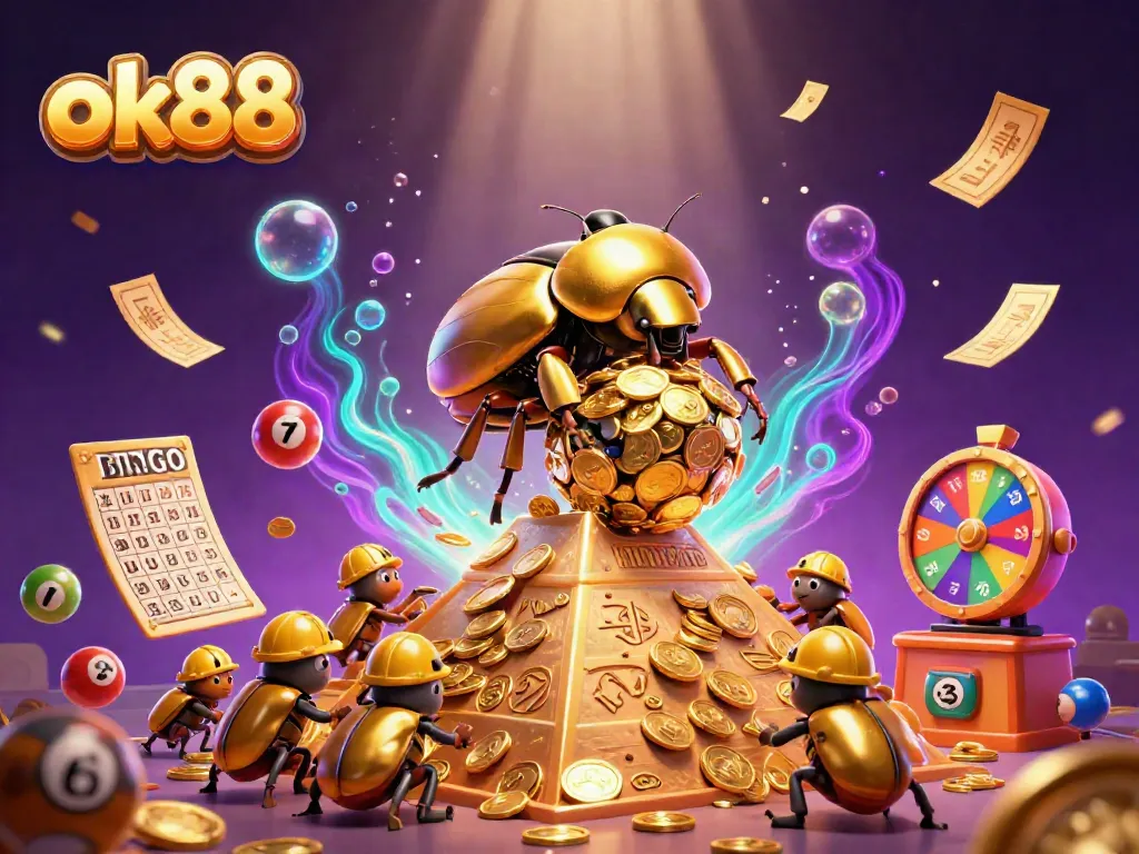 Engage with exciting games at ok88, where a golden dung beetle rolls riches amidst vibrant colors.