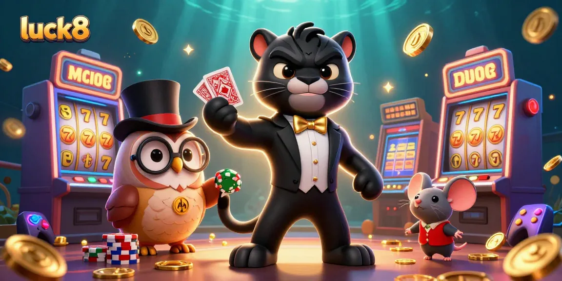 Experience gaming excitement at luck8 with 3D characters in a vibrant casino setting.