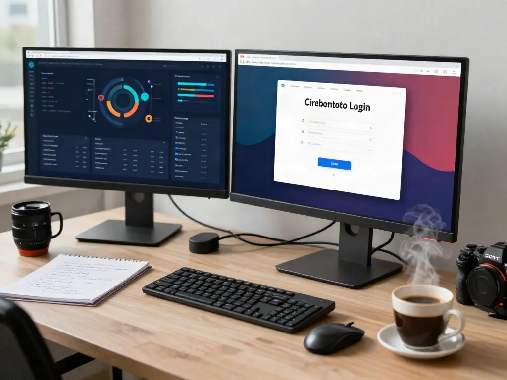 Antarmuka login cirebontoto yang modern dengan pengguna memasukkan kredensial, dalam suasana kerja profesional.