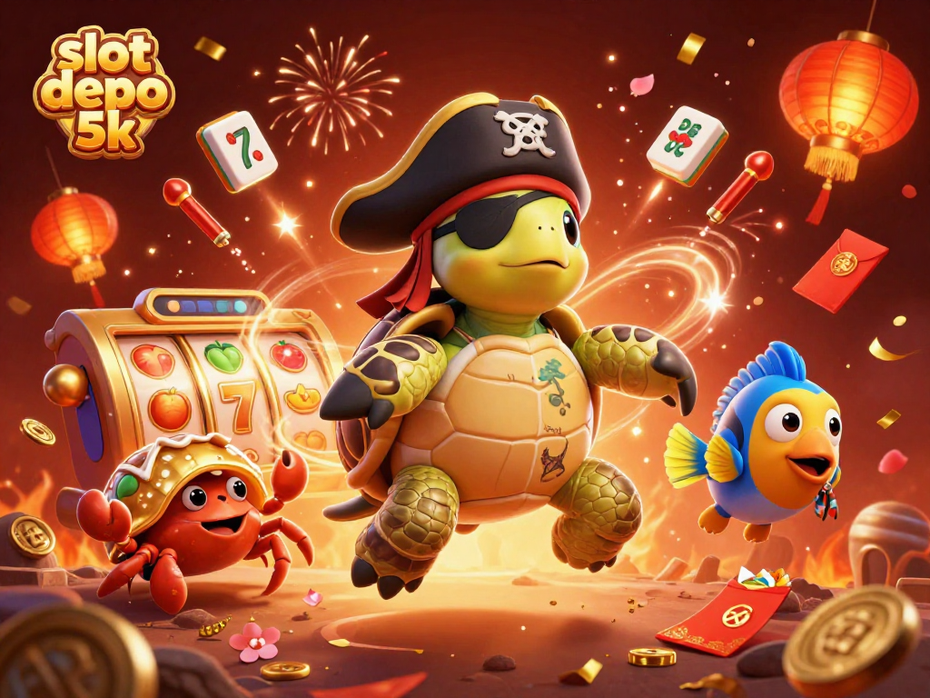Engage with slot depo 5k featuring a playful pirate turtle, hermit crab, and parrotfish in a vibrant casino treasure scene.