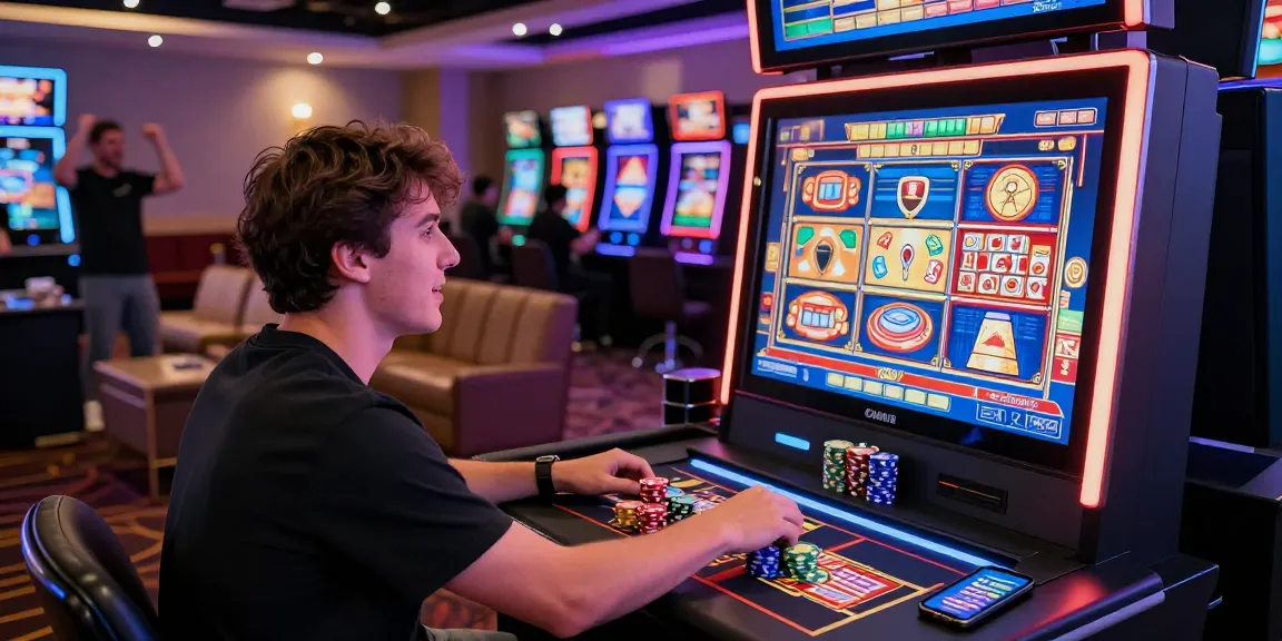 Exciting online casino scene with a player interacting with a vibrant slot game interface