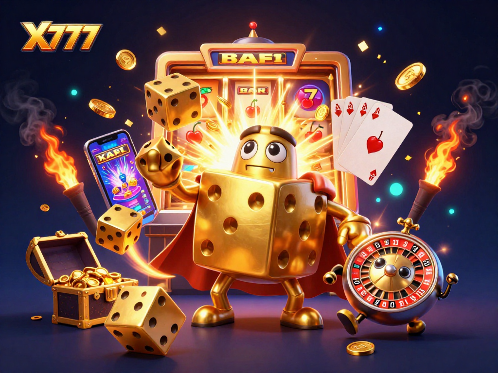 X777 offers an engaging gaming experience with dynamic casino elements featuring colorful symbols and golden dice.