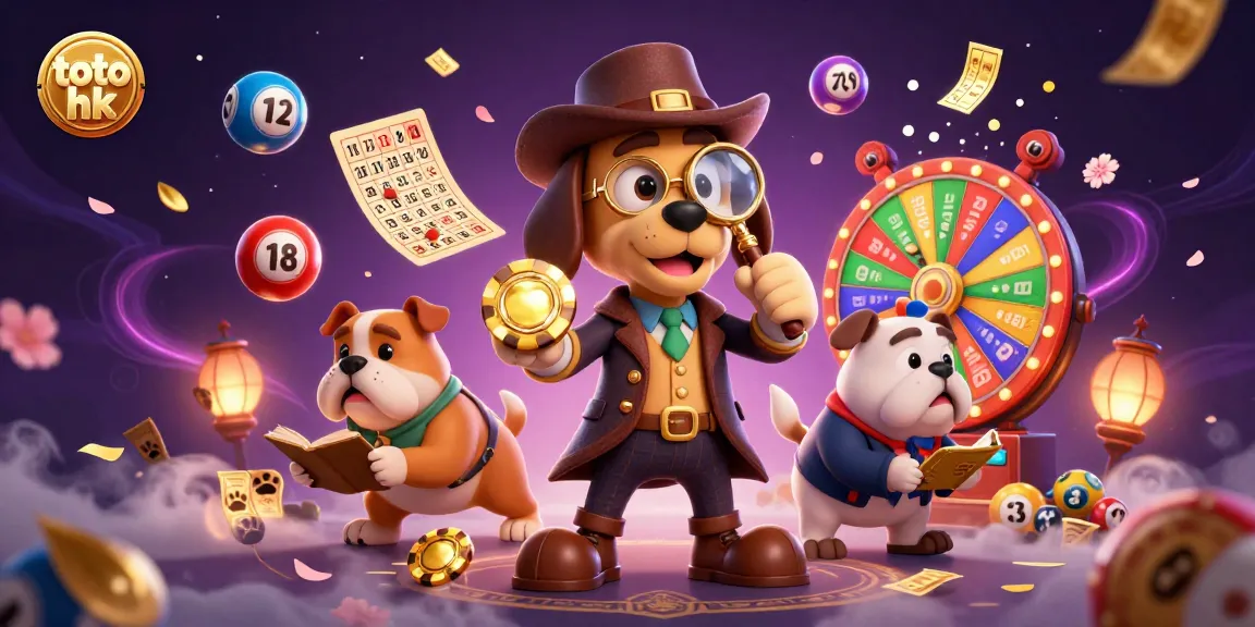 Menggali toto hk dengan karakter detektif 3D, chip poker emas, dan bola lotere berwarna-warni.