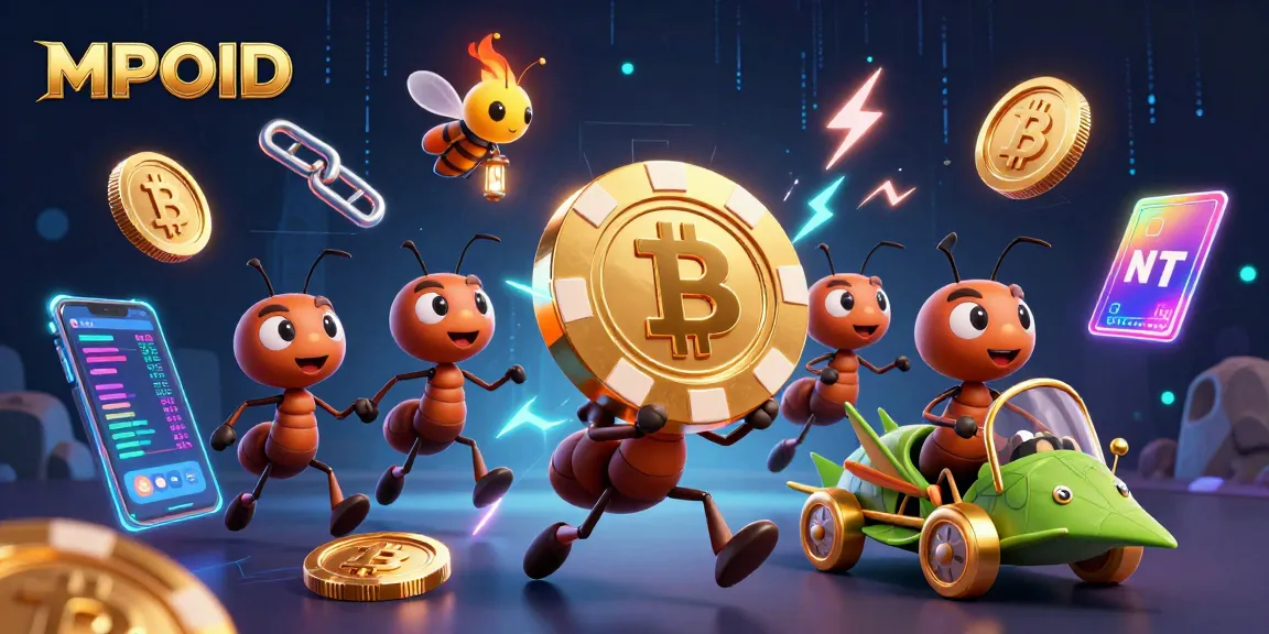 MPOID guides players on a thrilling heist with ants carrying a giant poker chip amidst glowing crypto elements.
