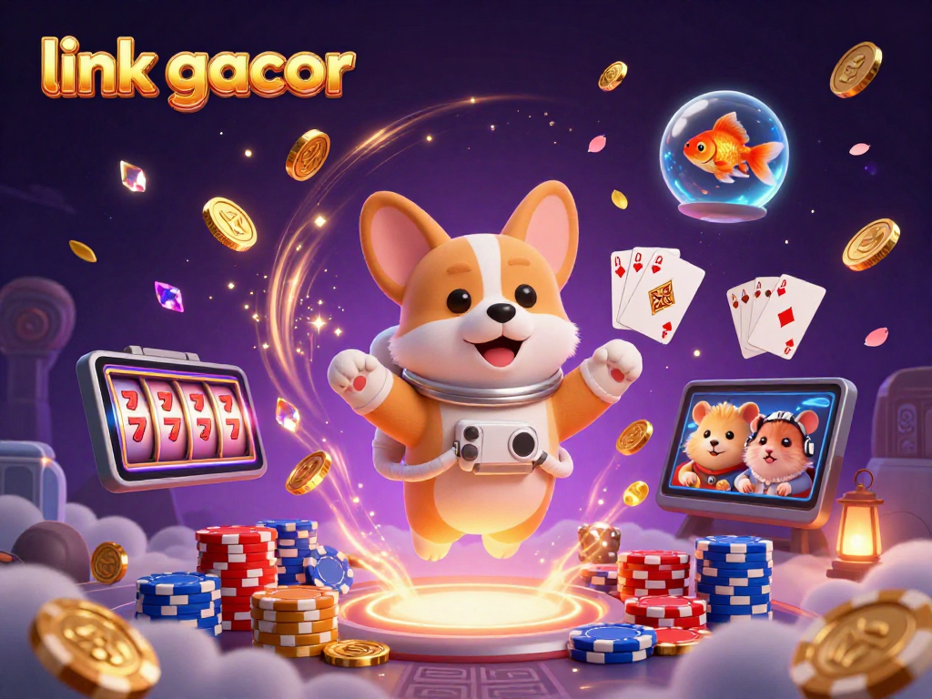 Experience gaming thrills with link gacor in a captivating space casino scene featuring a corgi and friends.