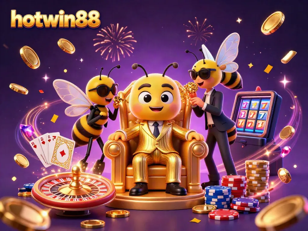 hotwin88 showcases an engaging 3D illustration of a cartoon bumblebee mob boss in a casino-themed throne room.