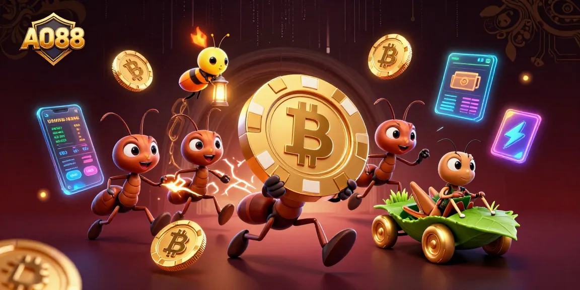 AO88's 3D cartoon heist with ants, golden poker chip, and cryptocurrency elements