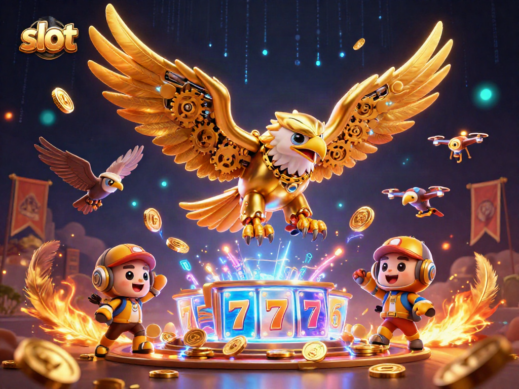 Slot jackpot menarik dengan karakter elang cybernetic di tengah tumpukan koin emas.