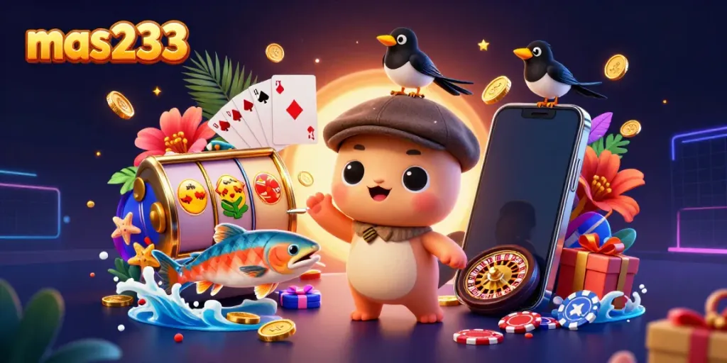 Gambarkan keseruan slot dengan mas233, di mana Nessie lucu dan teman burungnya berinteraksi di dunia kasino.