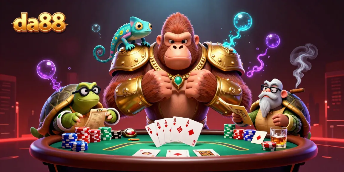 Experience thrilling gameplay with da88, featuring a gorilla king, chameleon spy, and tortoise elder at a poker table.