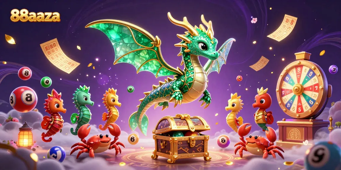 Engage in exciting gaming experiences at 88aaza, featuring a vibrant casino scene with lottery elements and a colorful sea dragon.