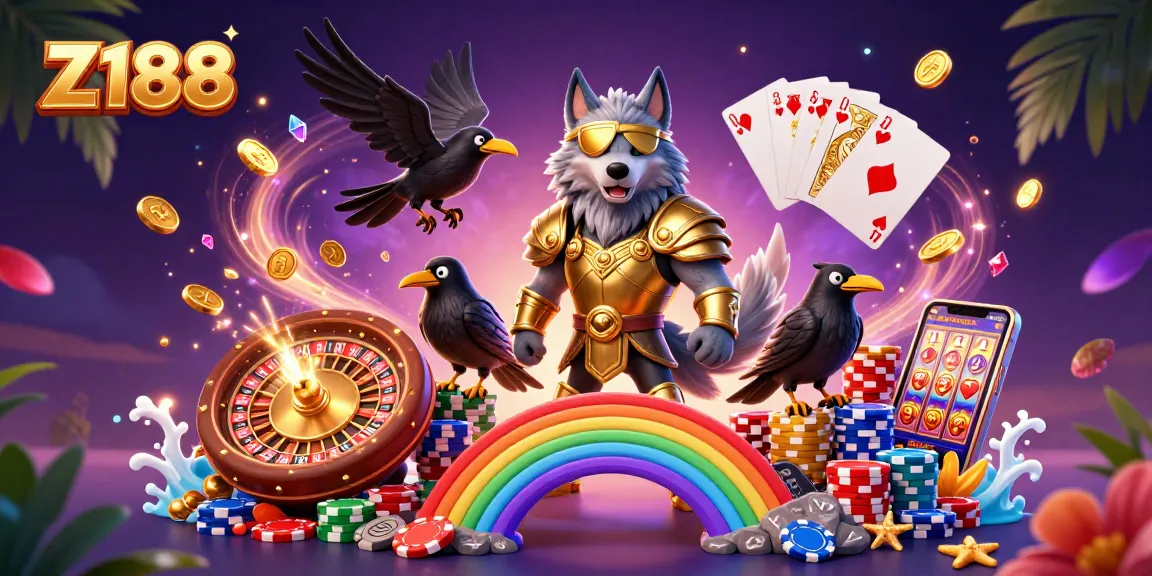 Z188 gaming scene features a Norse wolf and ravens amidst vibrant casino elements and shimmering coins.