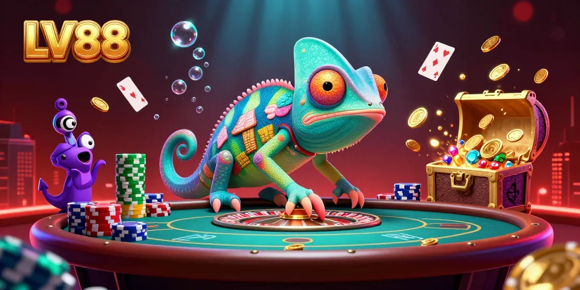 Experience vibrant gambling action with LV88's chameleon casino owner capturing golden coins in dazzling 3D art.