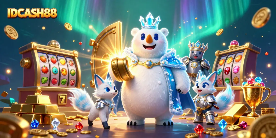 Experience thrilling wins with IDCASH88 in a vibrant casino scene, showcasing slot games and treasures.
