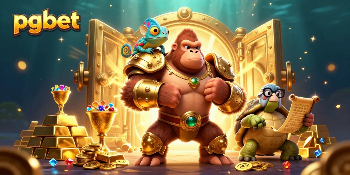 PGBET memperlihatkan karakter gorila raja yang kuat dengan armor emas, di tengah elemen kasino yang memikat dan menarik.