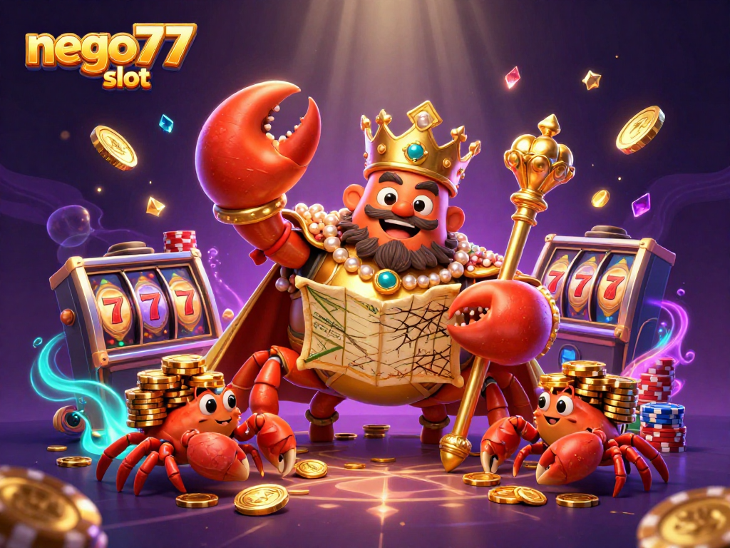 Experience excitement with nego77 slot, showcasing a golden crab emperor in a vibrant casino scene.