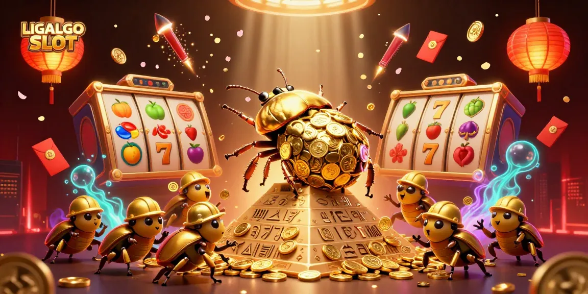 LIGALGO SLOT showcases a whimsical scene with golden dung beetles rolling coins, illustrating dynamic slot gaming elements for enthusiastic players.