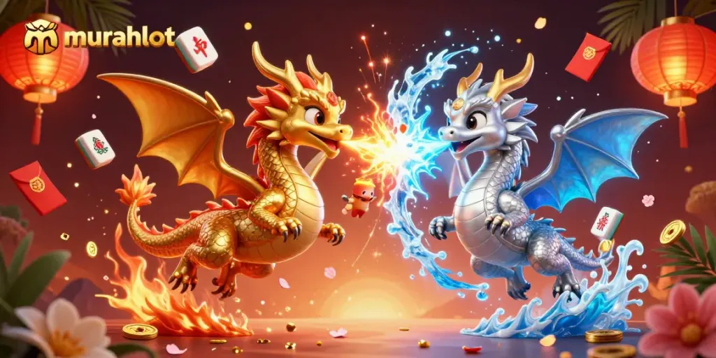 Engage with murahslot through a dynamic scene featuring twin dragons with fire and ice effects flanked by vibrant casino elements.